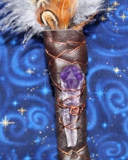 Smudging Feather Fan, Gray Turkey Feathers, Amethyst Crystal Point, #G4